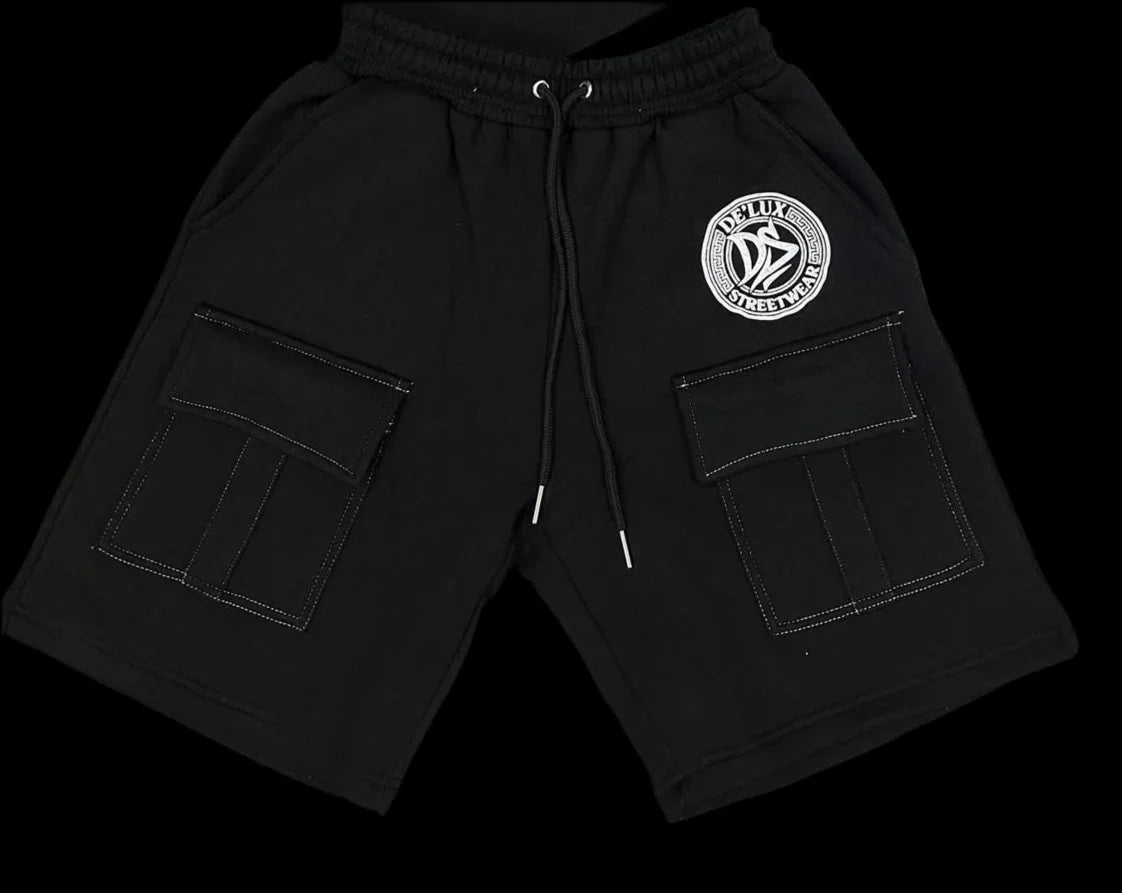 De’LuX StreetWear black cargo shorts with logo patch and utility pockets on black background
