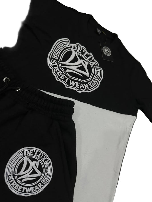 De’LuX StreetWear black and white tracksuit set with embroidered logo on sweatshirt and pants