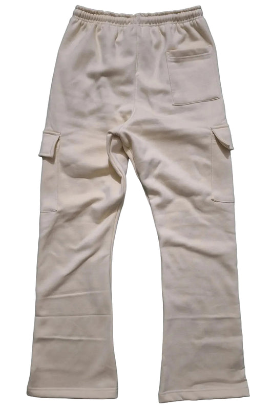 De’LuX StreetWear cream cargo joggers with elastic waist and side pockets on black background