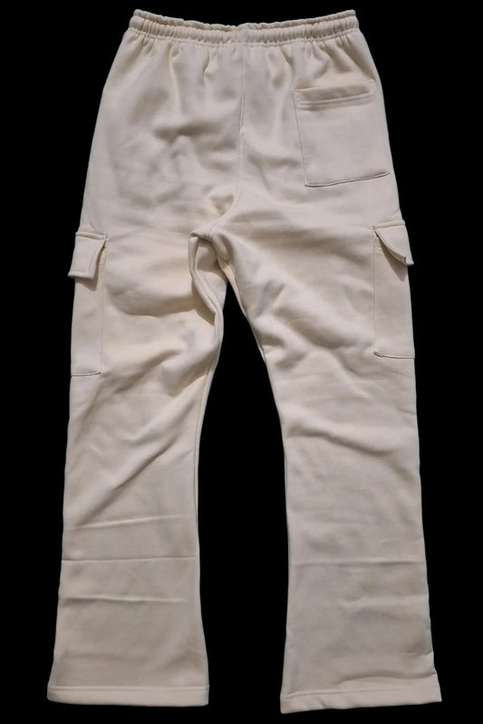 De’LuX StreetWear cream cargo joggers with elastic waist and side pockets on black background