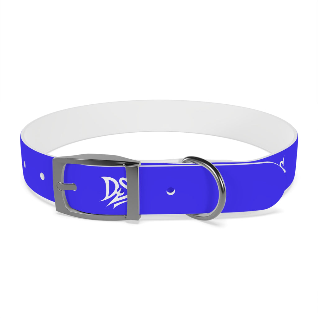 Blue Branded Dog Collar — Adjustable Waterproof Pet Collar with White Logo
