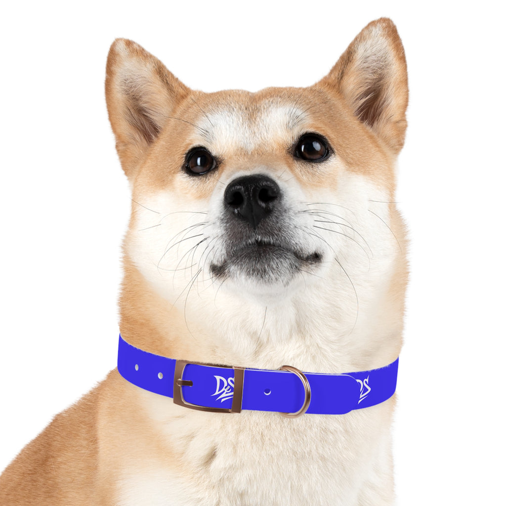 Blue Branded Dog Collar — Adjustable Waterproof Pet Collar with White Logo