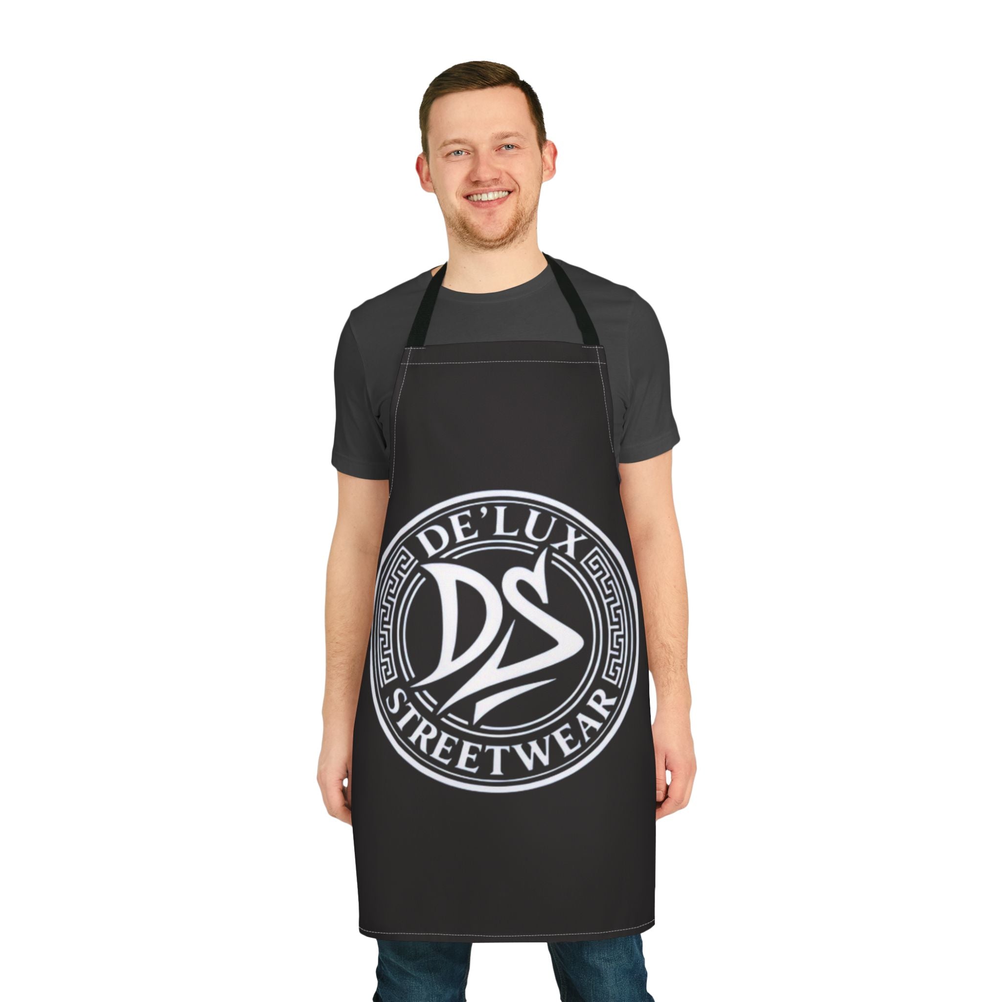 De'Lux Streetwear Logo Apron — Black Chef Apron with Bold Circular Emblem