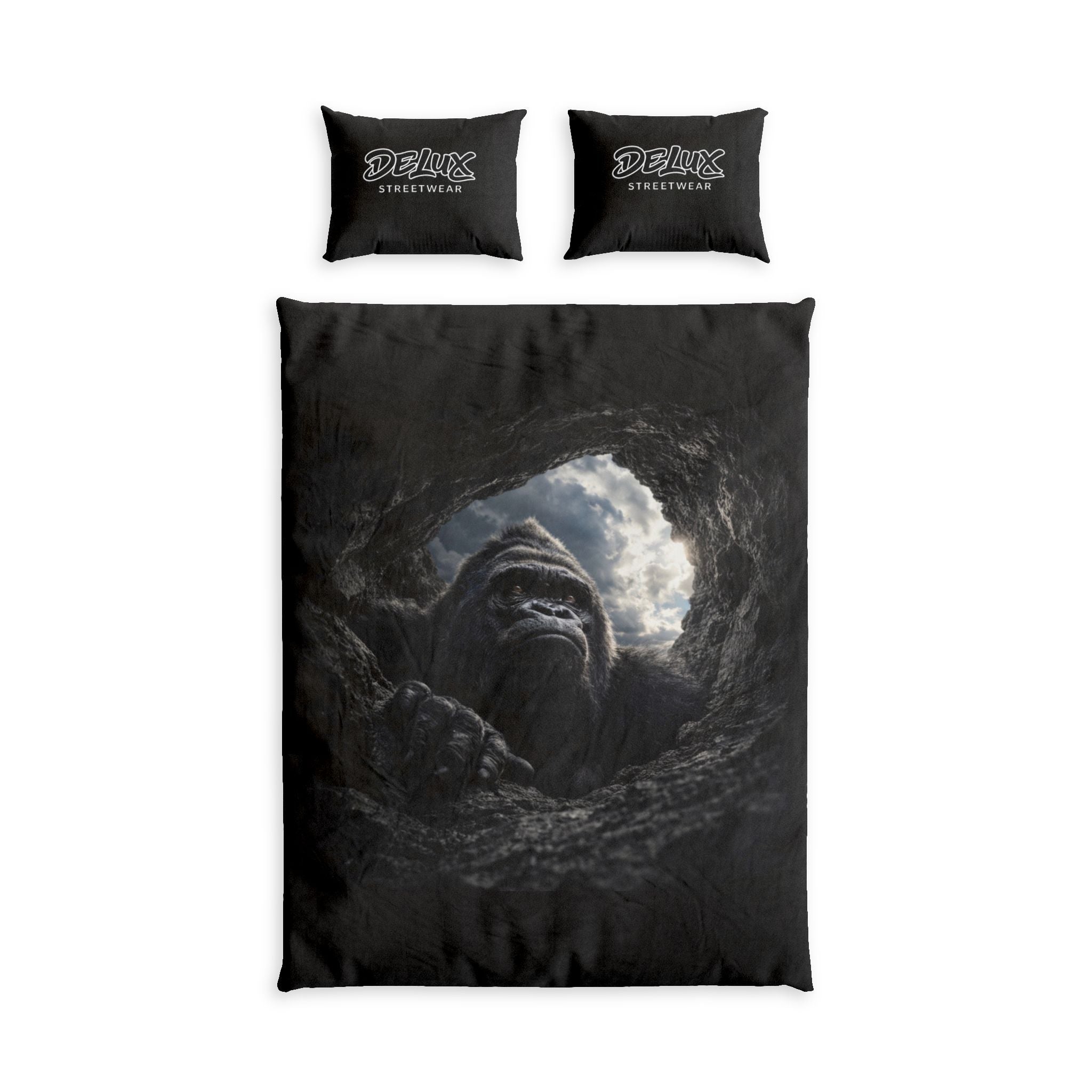 DeLUX Gorilla Cave Cotton Bed Set - Dark Wildlife Duvet Cover & Pillowcases