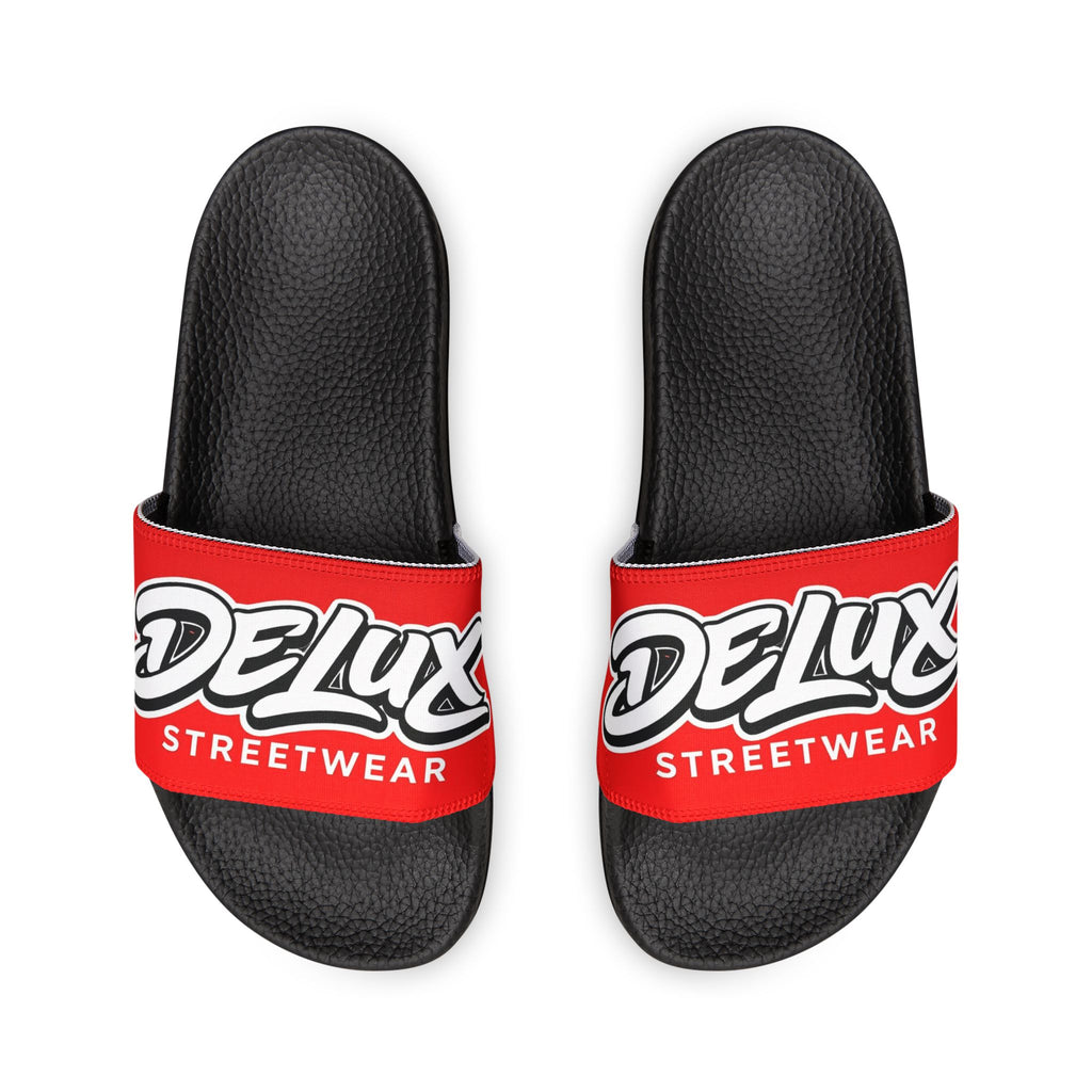 Men's Removable-Strap Slide Sandals — Bold Red 'Delux Streetwear' Logo