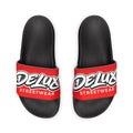 Men's Removable-Strap Slide Sandals — Bold Red 'Delux Streetwear' Logo