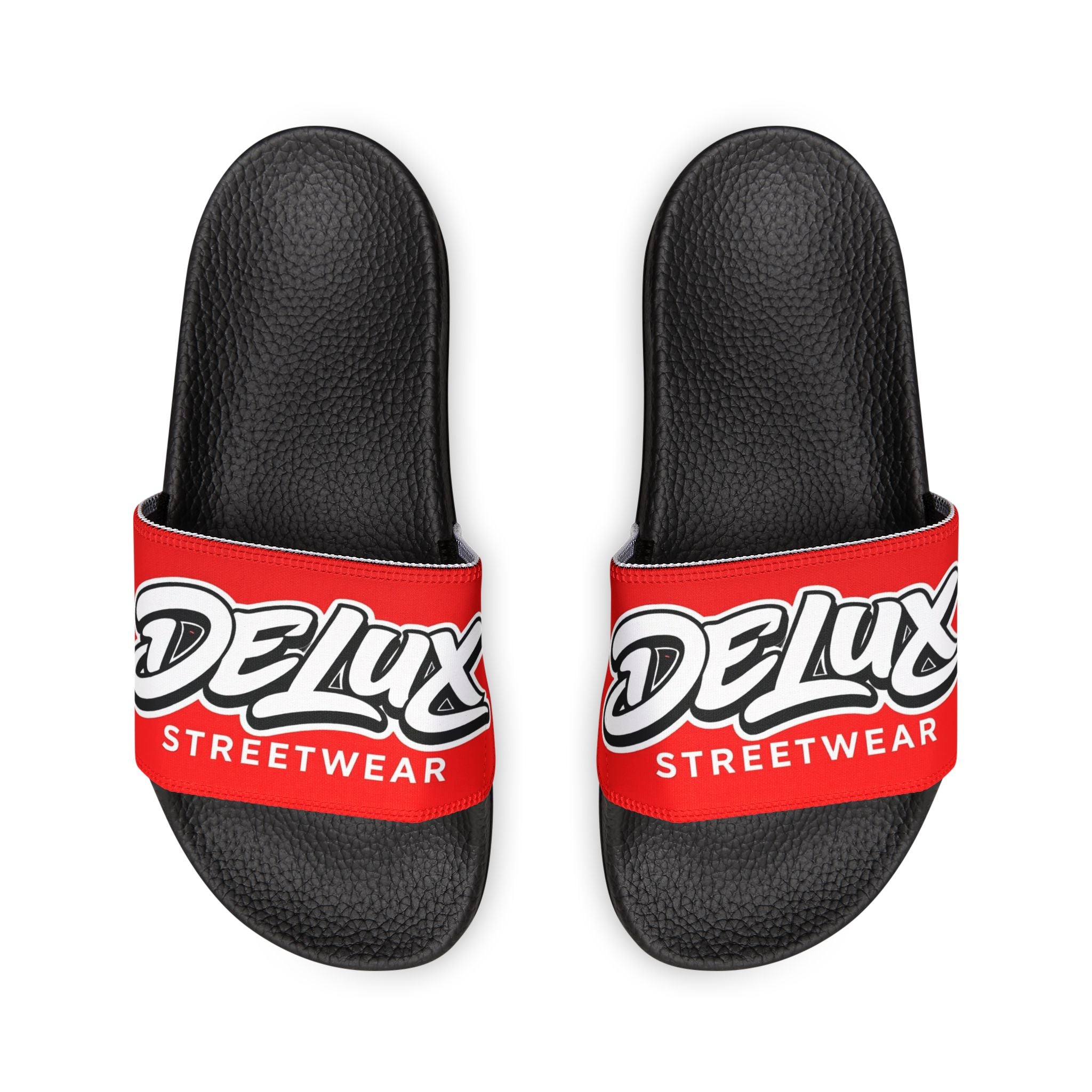 Men's Removable-Strap Slide Sandals — Bold Red 'Delux Streetwear' Logo