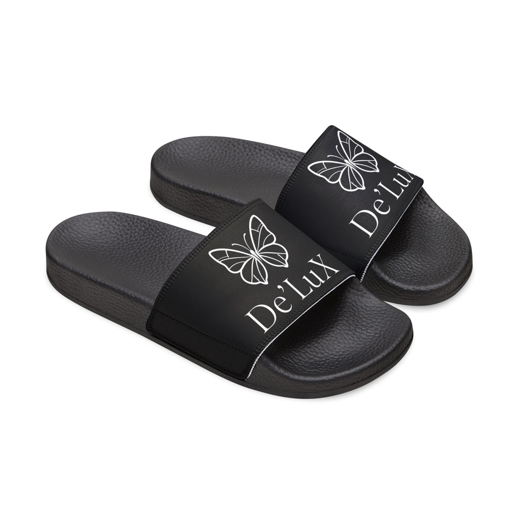 Women's Slide Sandals — Black Removable-Strap Slides with 'DeLux' Text & Bow Graphic