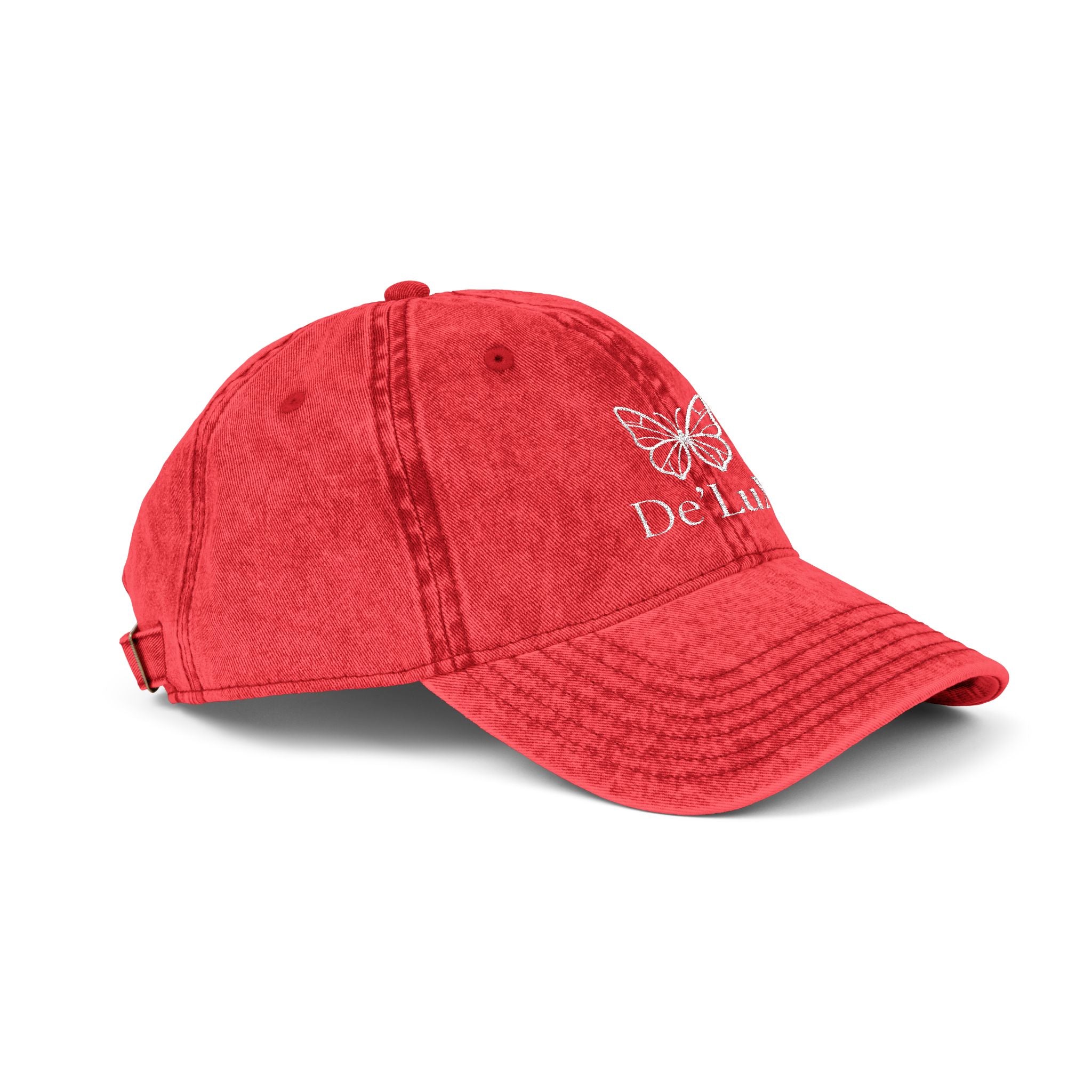 Embroidered Butterfly Vintage Cap — Red Distressed Dad Hat with "DeLuX" Text
