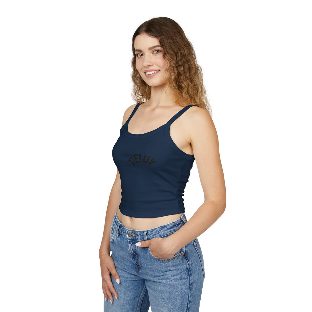 Delux Script Crop Tank Top — Women's White Spaghetti Strap Graphic