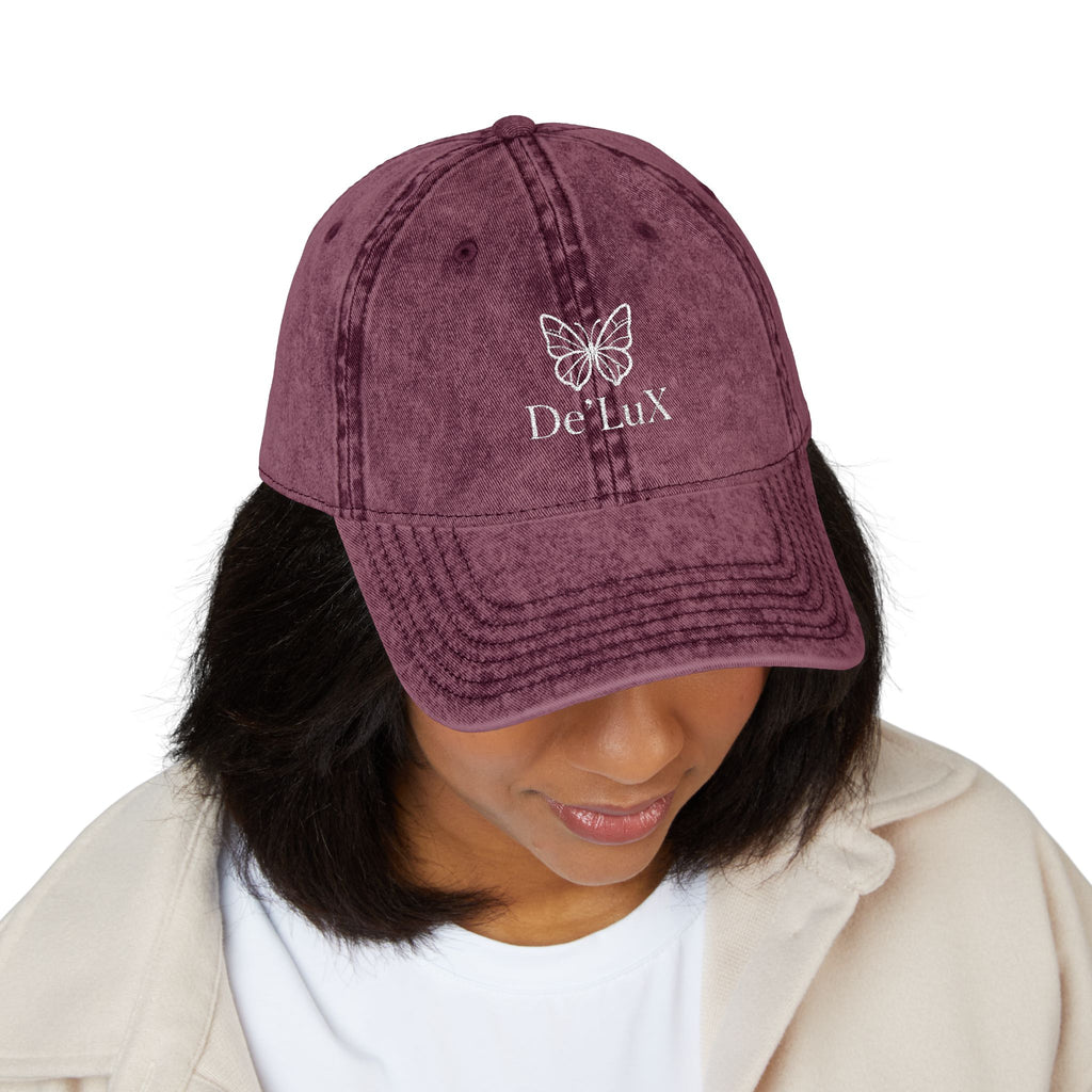 Embroidered Butterfly Vintage Cap — Red Distressed Dad Hat with "DeLuX" Text