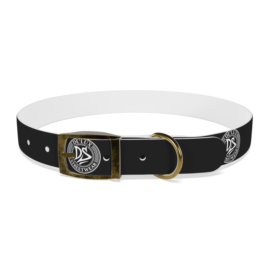 Black Logo Dog Collar — Durable Faux Leather Collar with Round Emblem