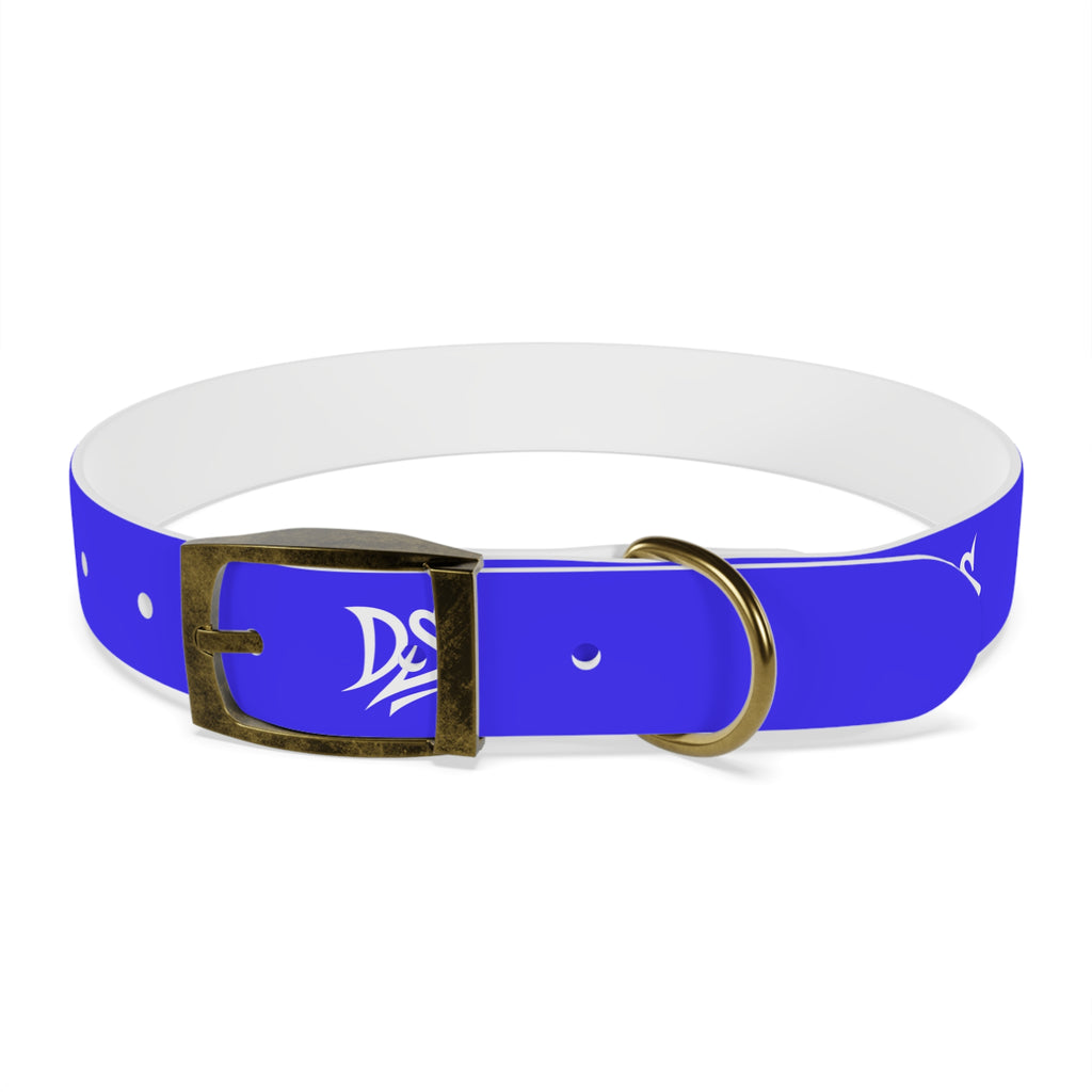Blue Branded Dog Collar — Adjustable Waterproof Pet Collar with White Logo