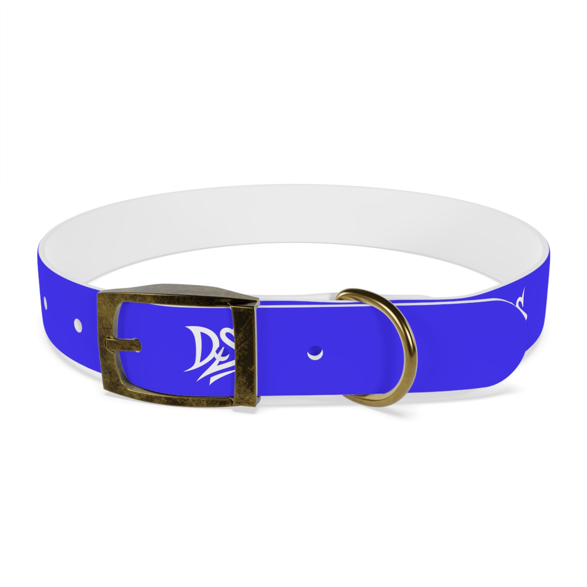 Blue Branded Dog Collar — Adjustable Waterproof Pet Collar with White Logo
