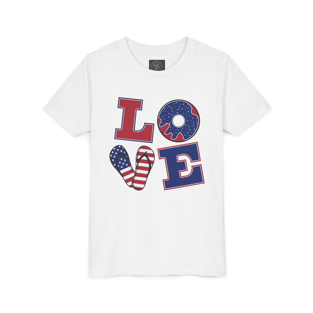 Youth Tee - "LOVE" Patriotic American Flag Design (Fourth of July Kids Shirt)