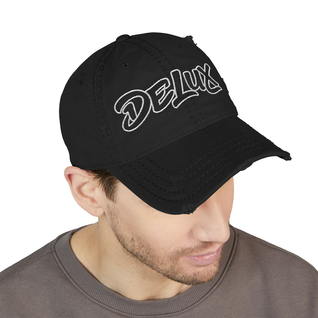 Distressed Embroidered 'DELUX' Dad Hat — Vintage Washed Baseball Cap