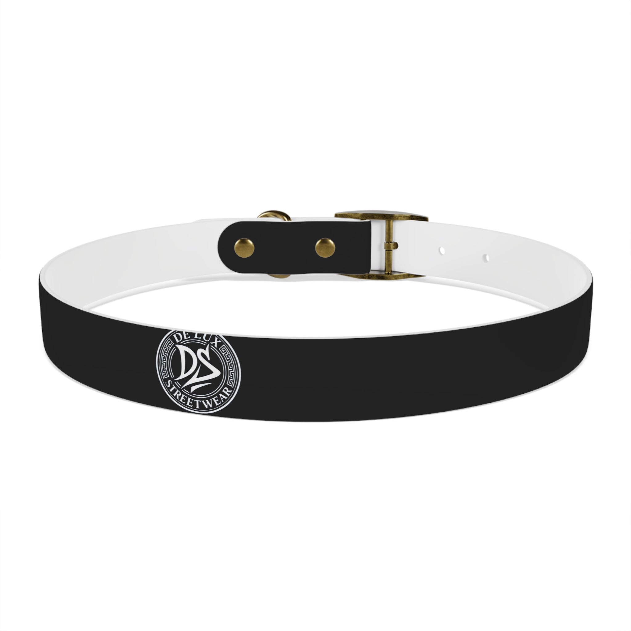 Black Logo Dog Collar — Durable Faux Leather Collar with Round Emblem
