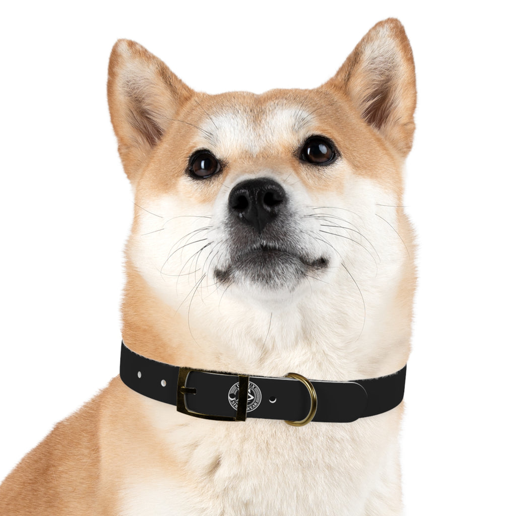 Black Logo Dog Collar — Durable Faux Leather Collar with Round Emblem