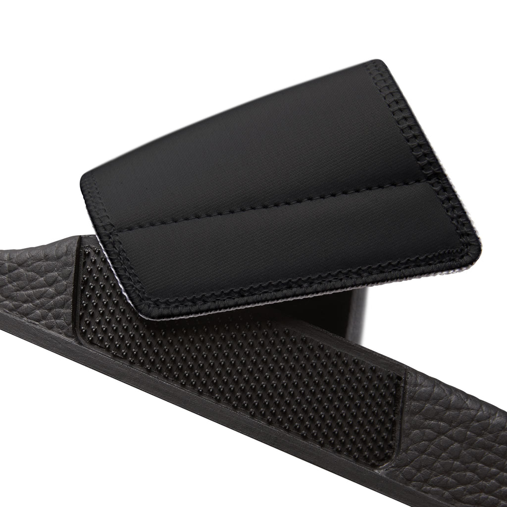 Women's Slide Sandals — Black Removable-Strap Slides with 'DeLux' Text & Bow Graphic
