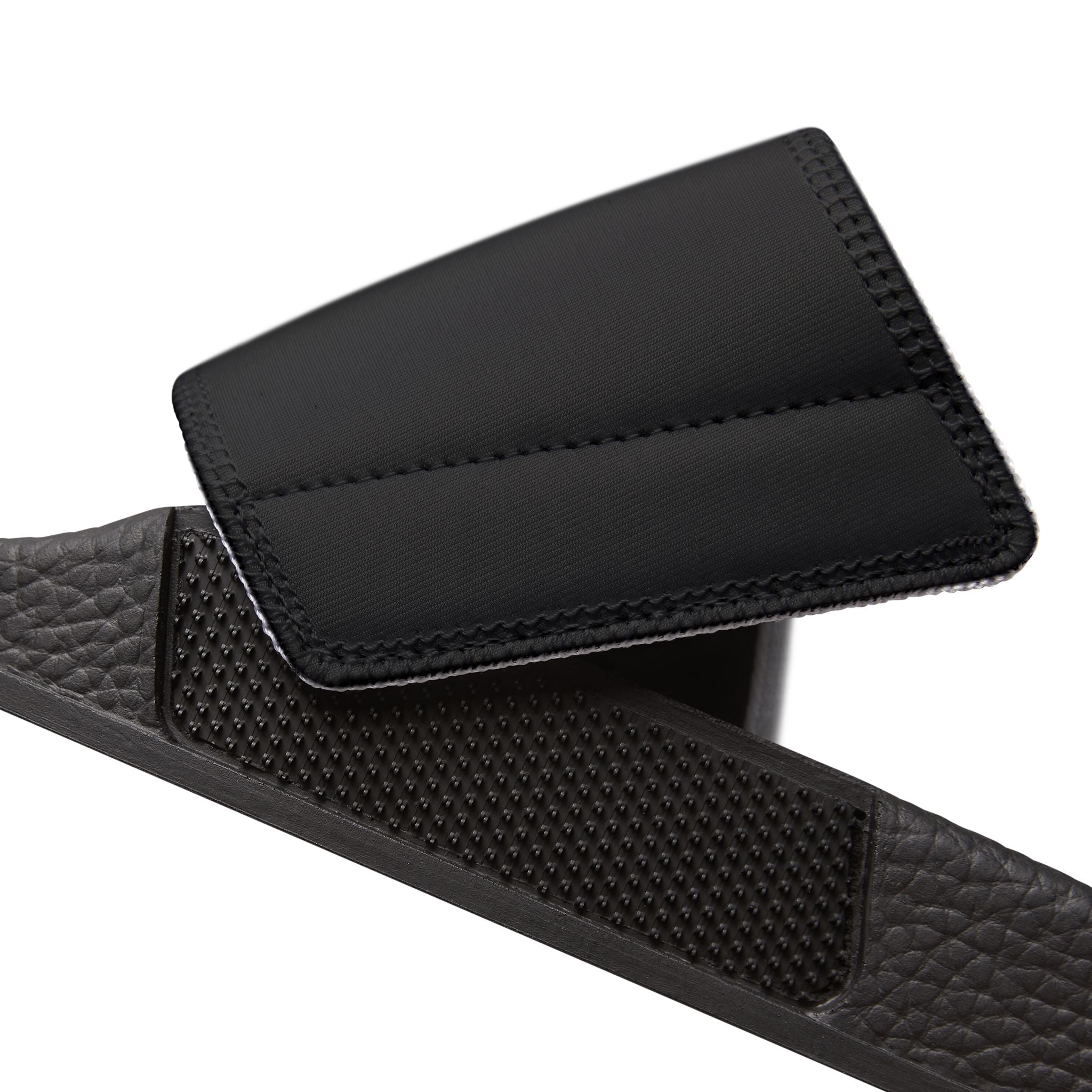 Women's Slide Sandals — Black Removable-Strap Slides with 'DeLux' Text & Bow Graphic
