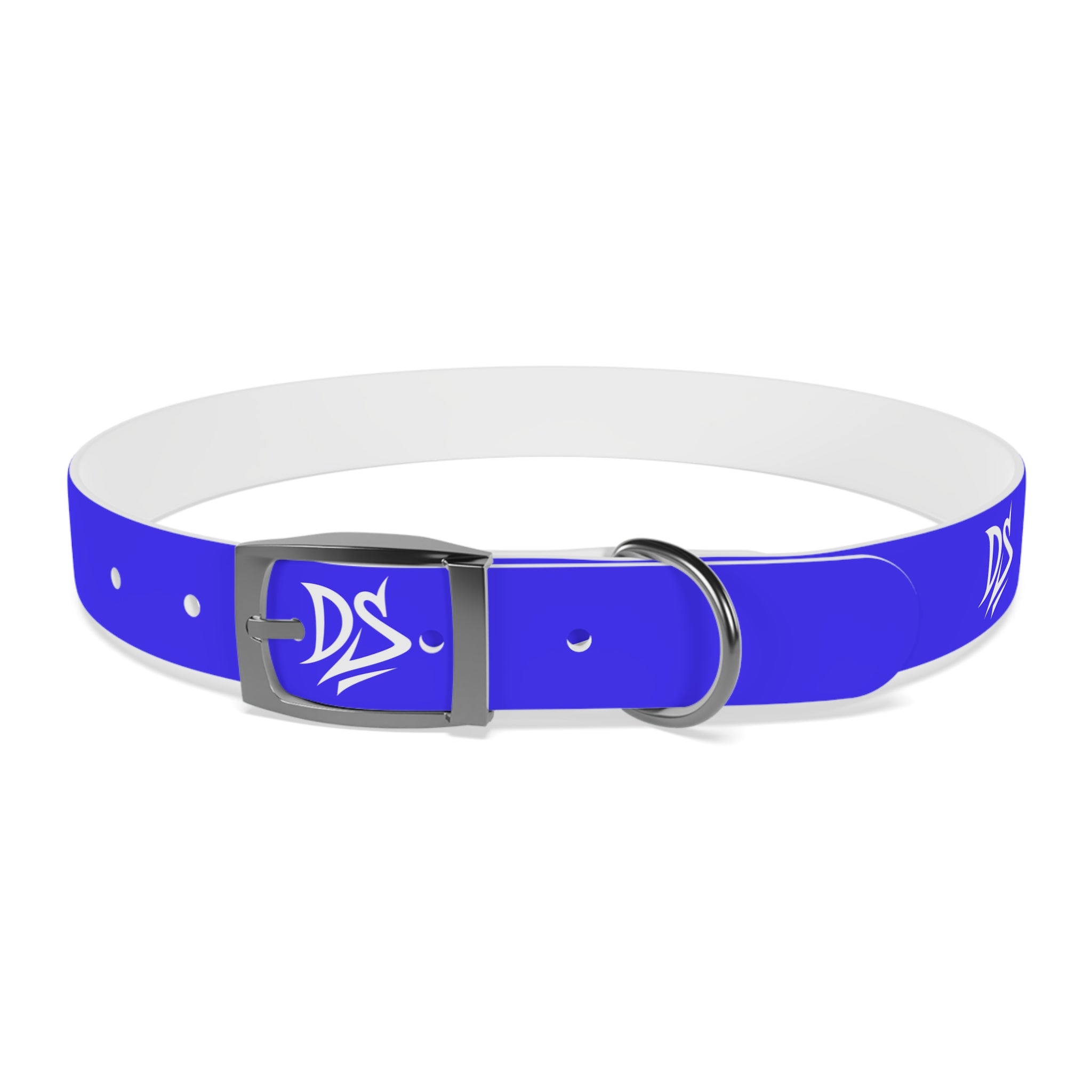 Blue Branded Dog Collar — Adjustable Waterproof Pet Collar with White Logo
