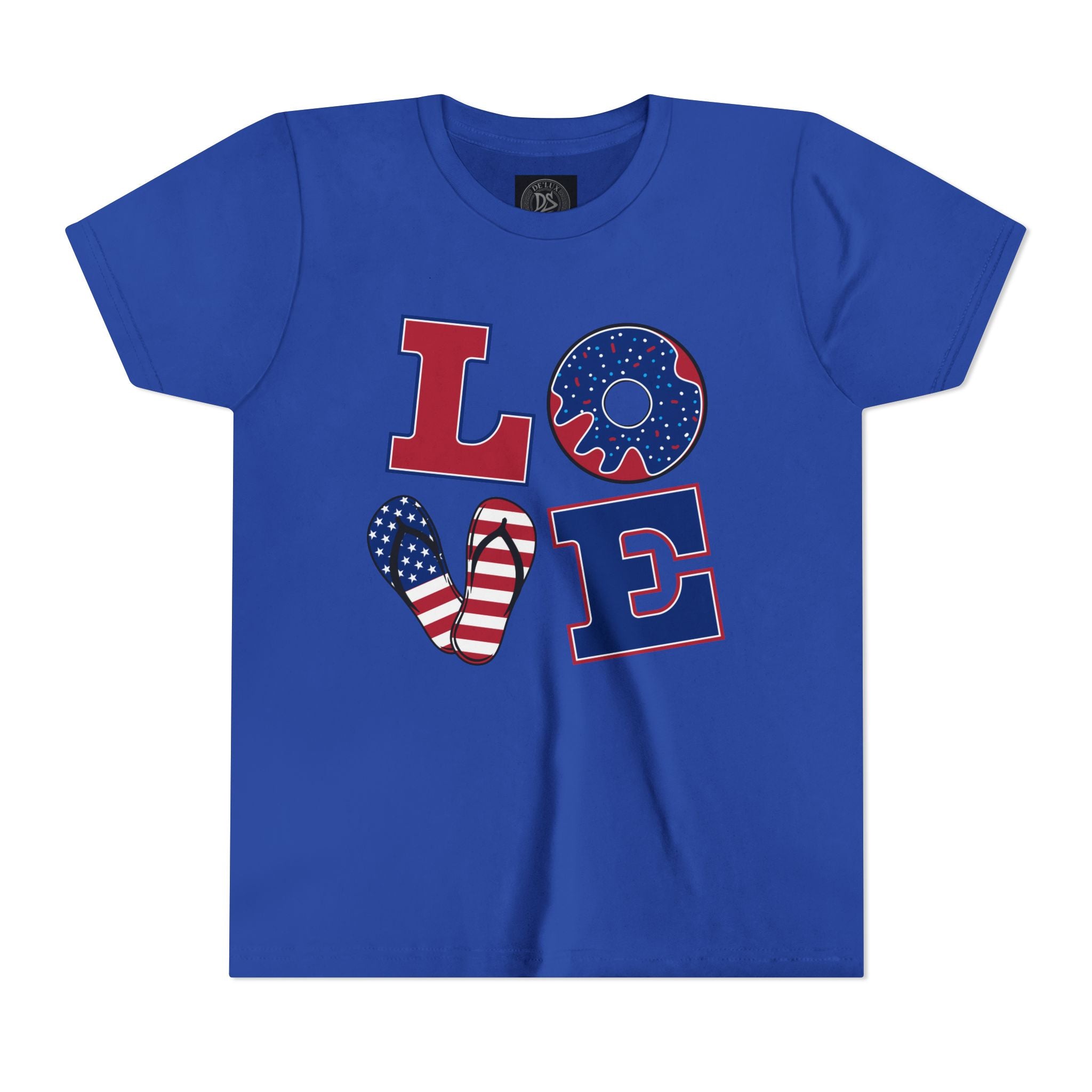 Youth Tee - "LOVE" Patriotic American Flag Design (Fourth of July Kids Shirt)