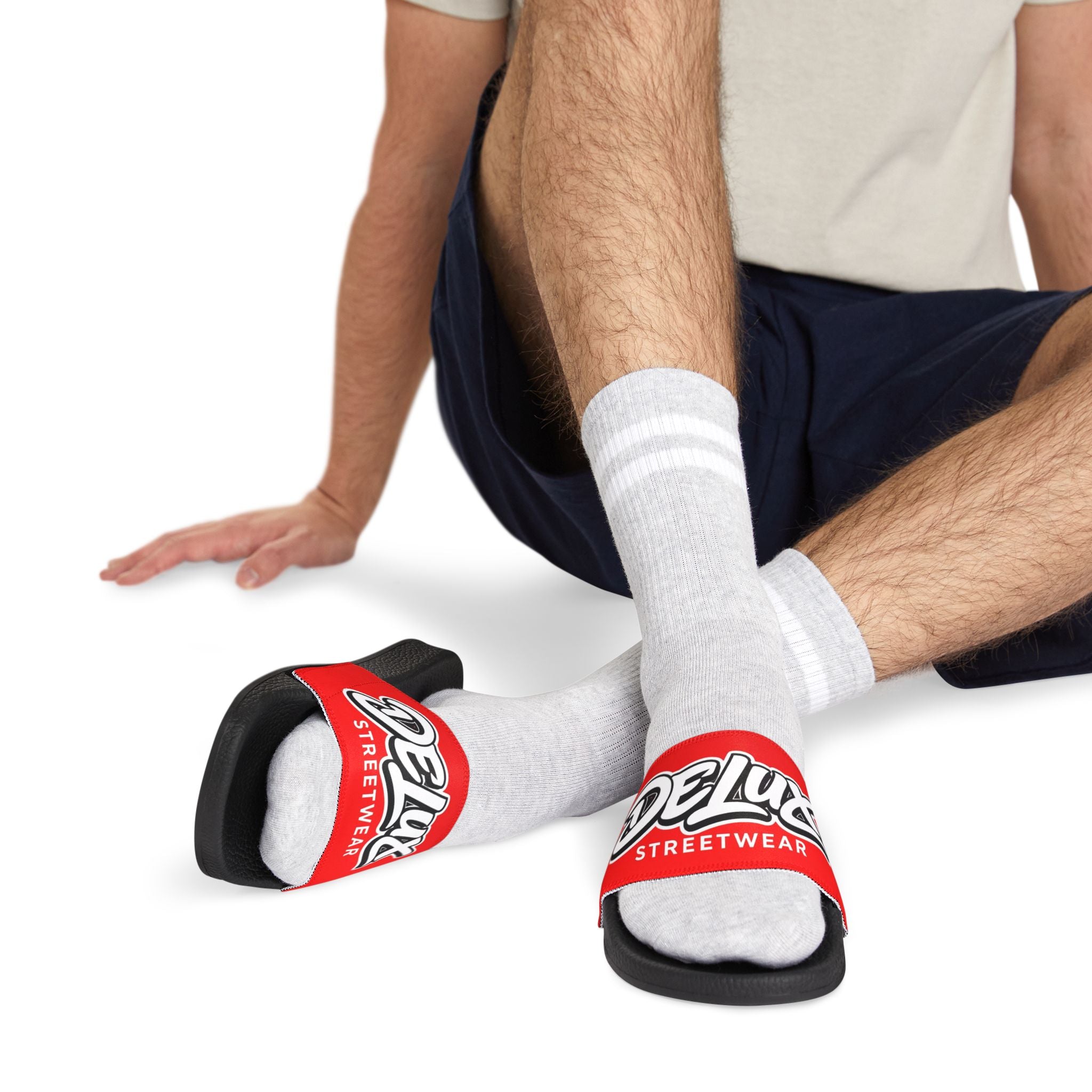 Men's Removable-Strap Slide Sandals — Bold Red 'Delux Streetwear' Logo