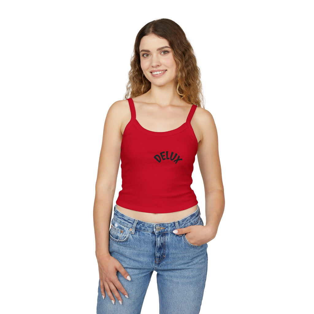 Delux Script Crop Tank Top — Women's White Spaghetti Strap Graphic