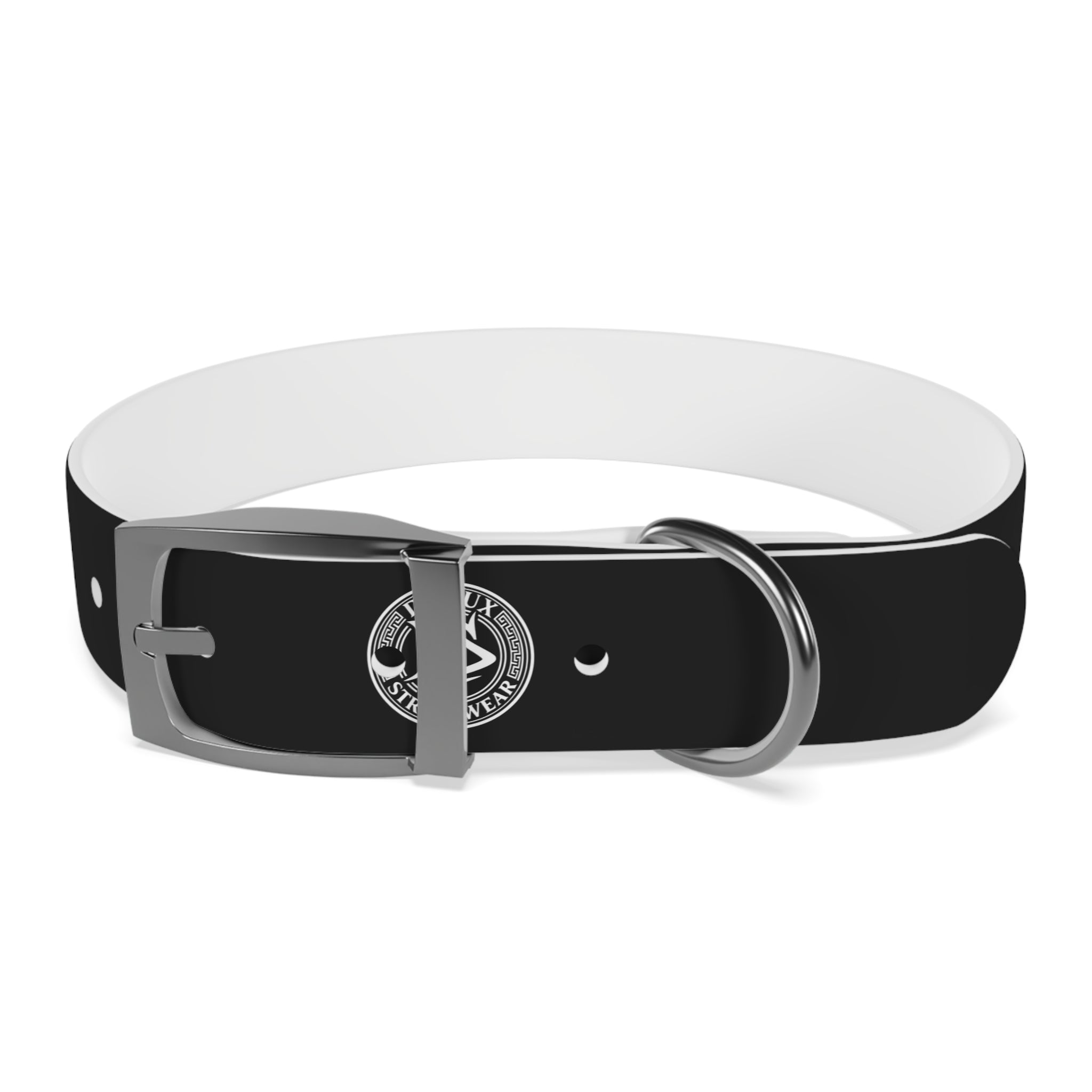 Black Logo Dog Collar — Durable Faux Leather Collar with Round Emblem