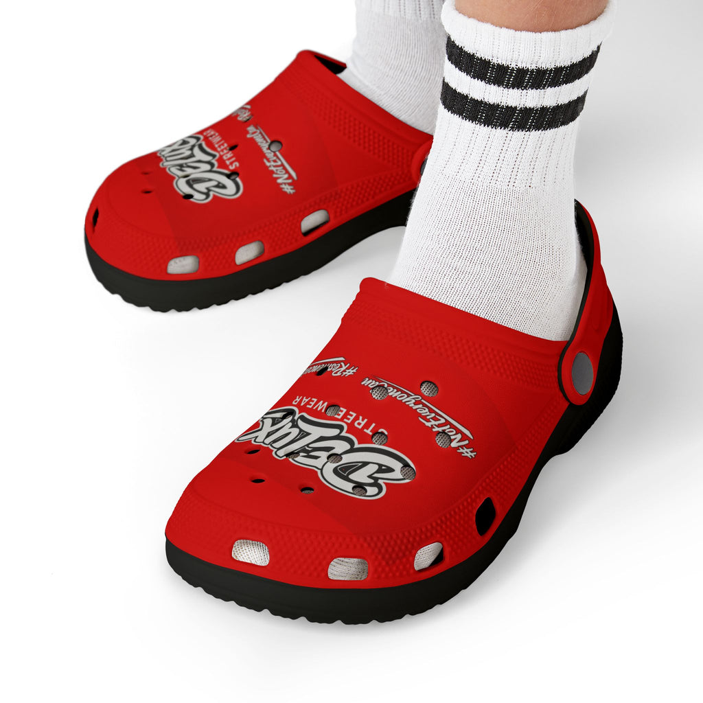Kids Red Streetwear EVA Foam Clogs — 'Delux' Graphic Slip-On Sandals