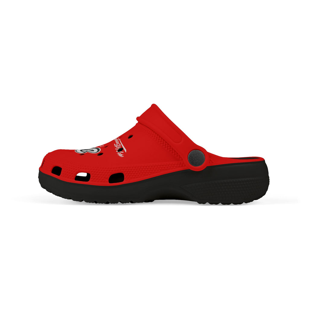 Kids Red Streetwear EVA Foam Clogs — 'Delux' Graphic Slip-On Sandals
