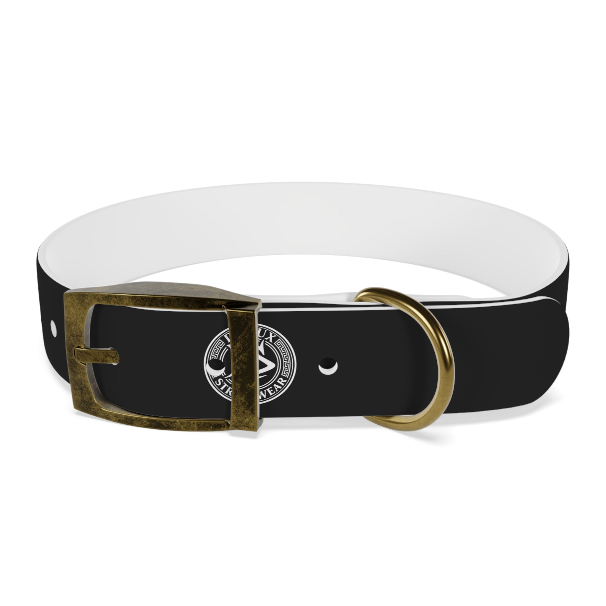 Black Logo Dog Collar — Durable Faux Leather Collar with Round Emblem