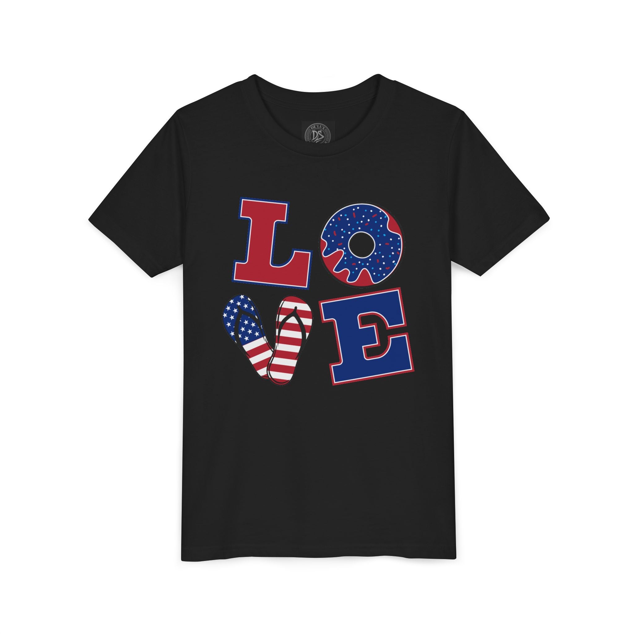 Youth Tee - "LOVE" Patriotic American Flag Design (Fourth of July Kids Shirt)