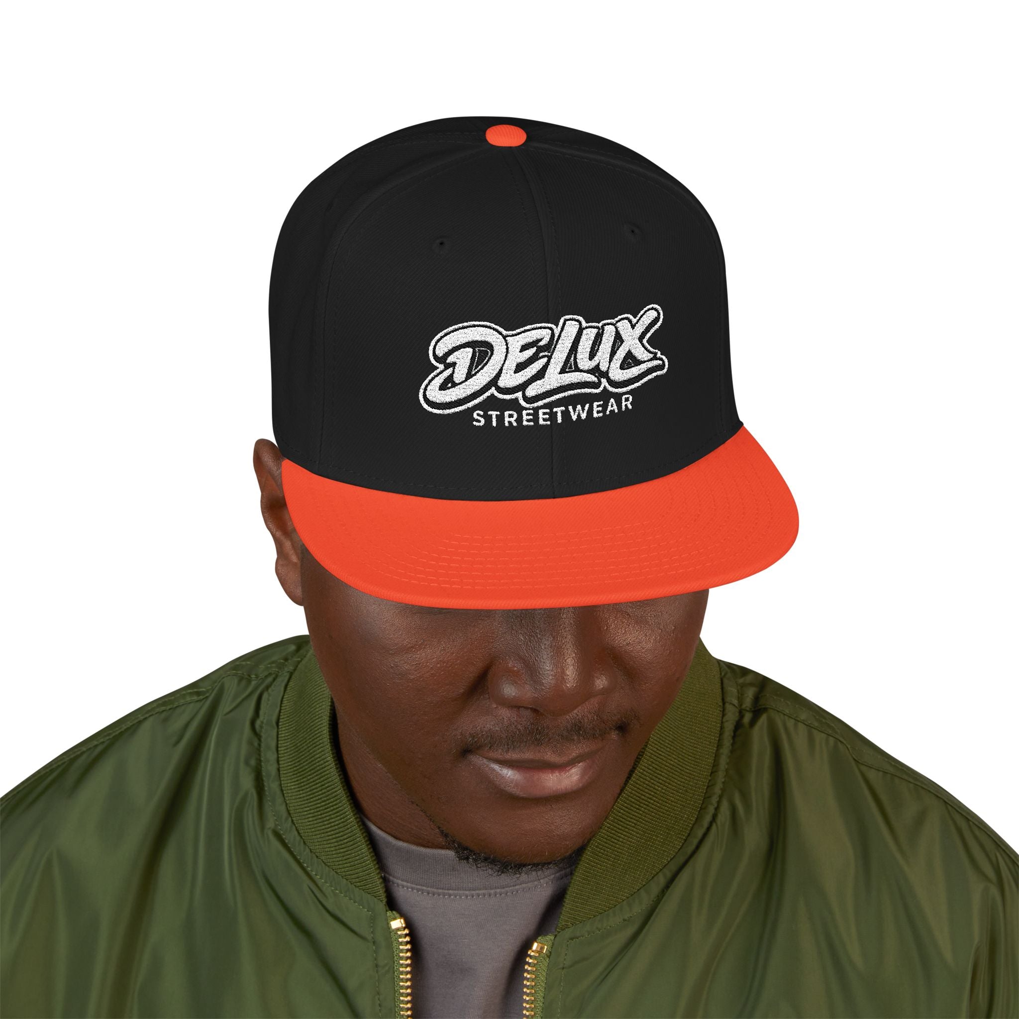Mens Embroidered 'Delux' Snapback Cap – Streetwear Flat-Brim Hat