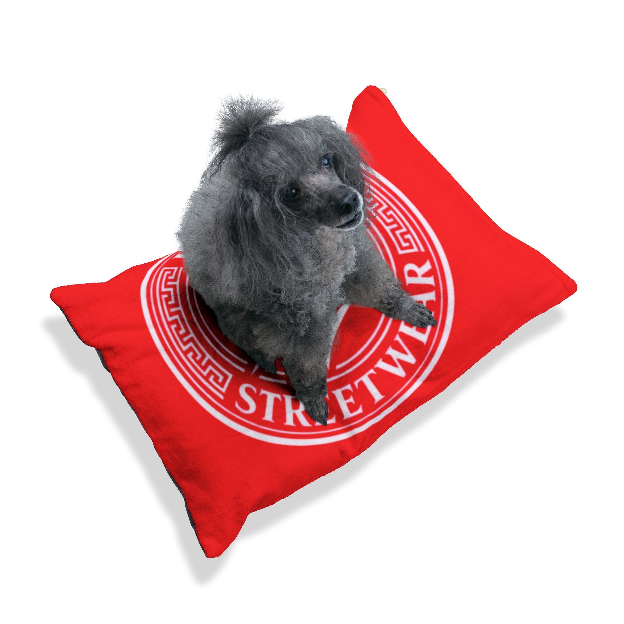 Red De'Lux Streetwear Pet Bed — Plush Logo Cushion for Dogs & Cats