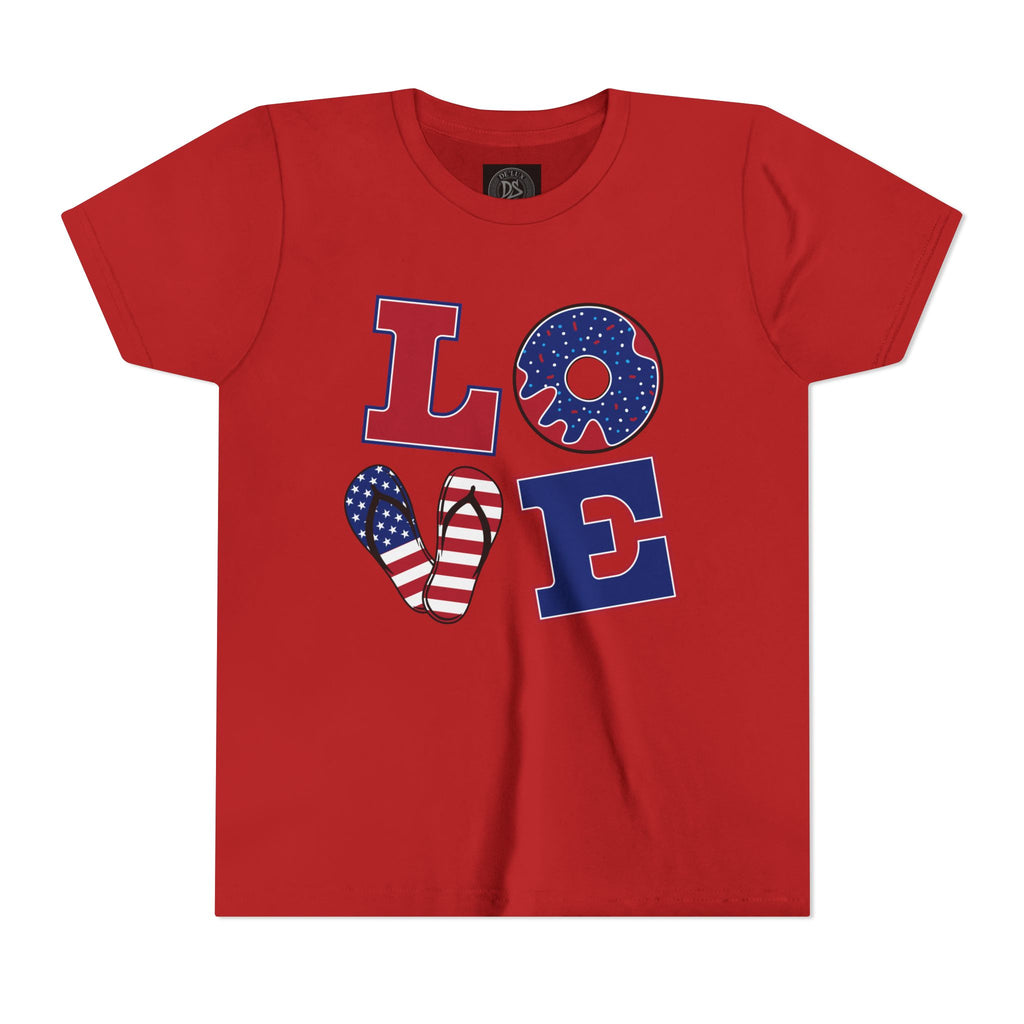 Youth Tee - "LOVE" Patriotic American Flag Design (Fourth of July Kids Shirt)