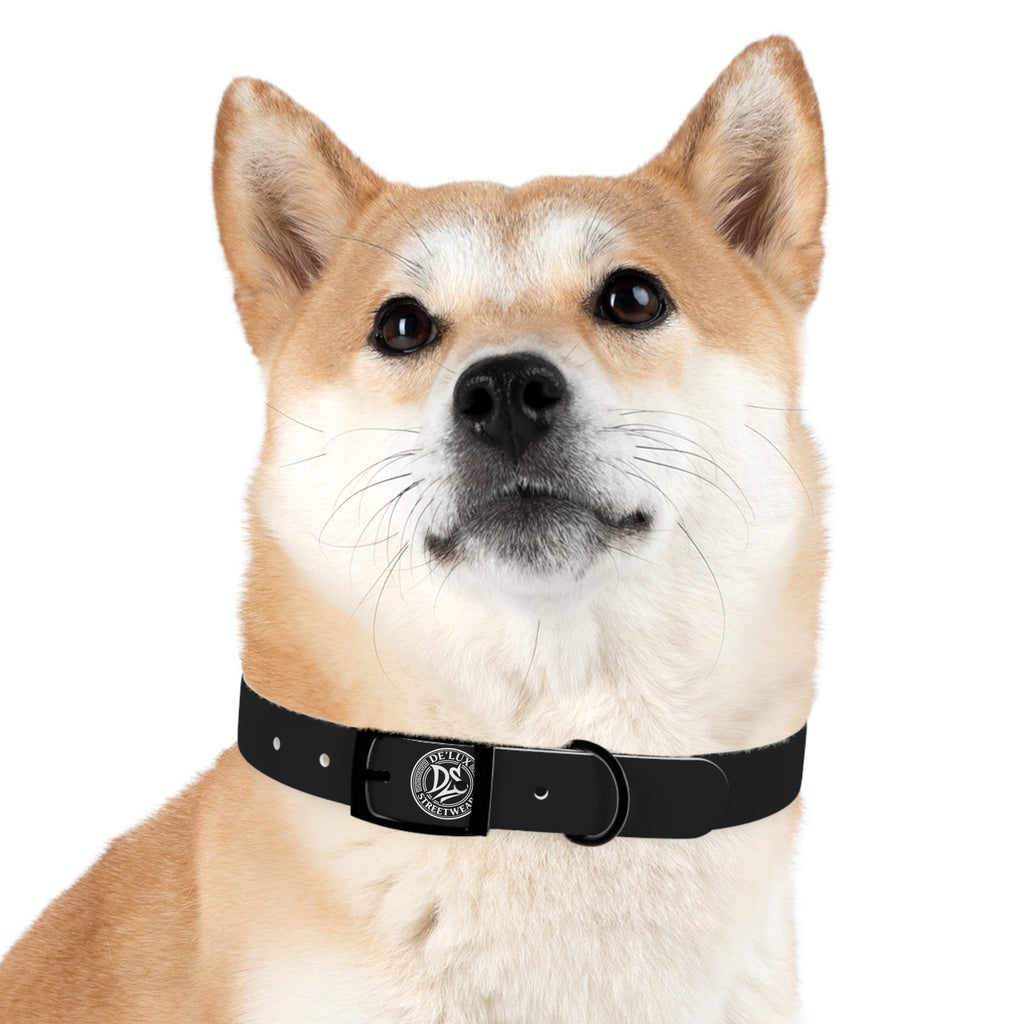 Black Logo Dog Collar — Durable Faux Leather Collar with Round Emblem