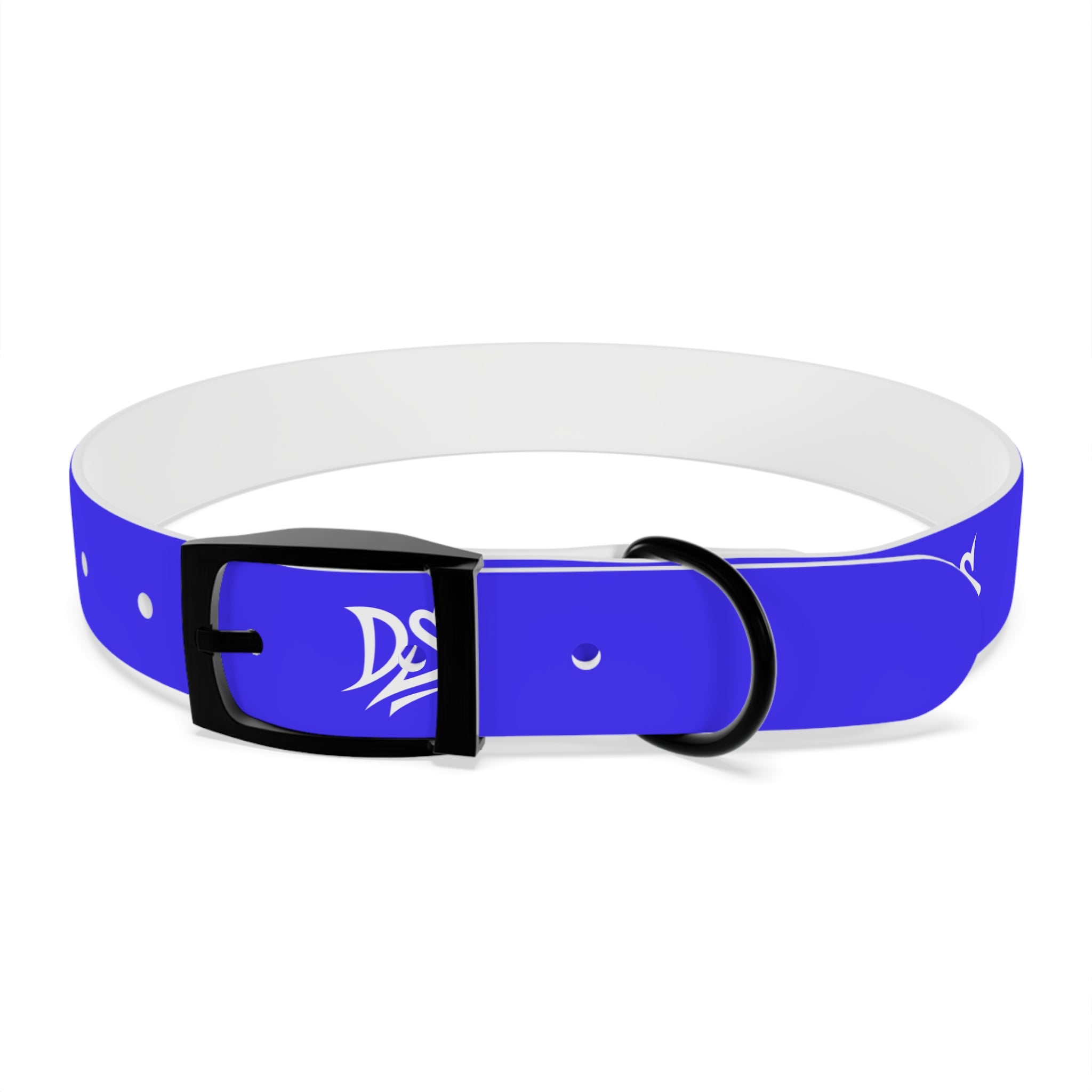 Blue Branded Dog Collar — Adjustable Waterproof Pet Collar with White Logo