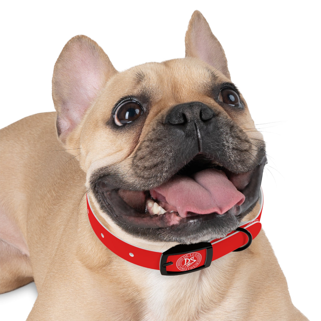 Red Logo Dog Collar — Durable Adjustable Pet Collar with White DS Emblem