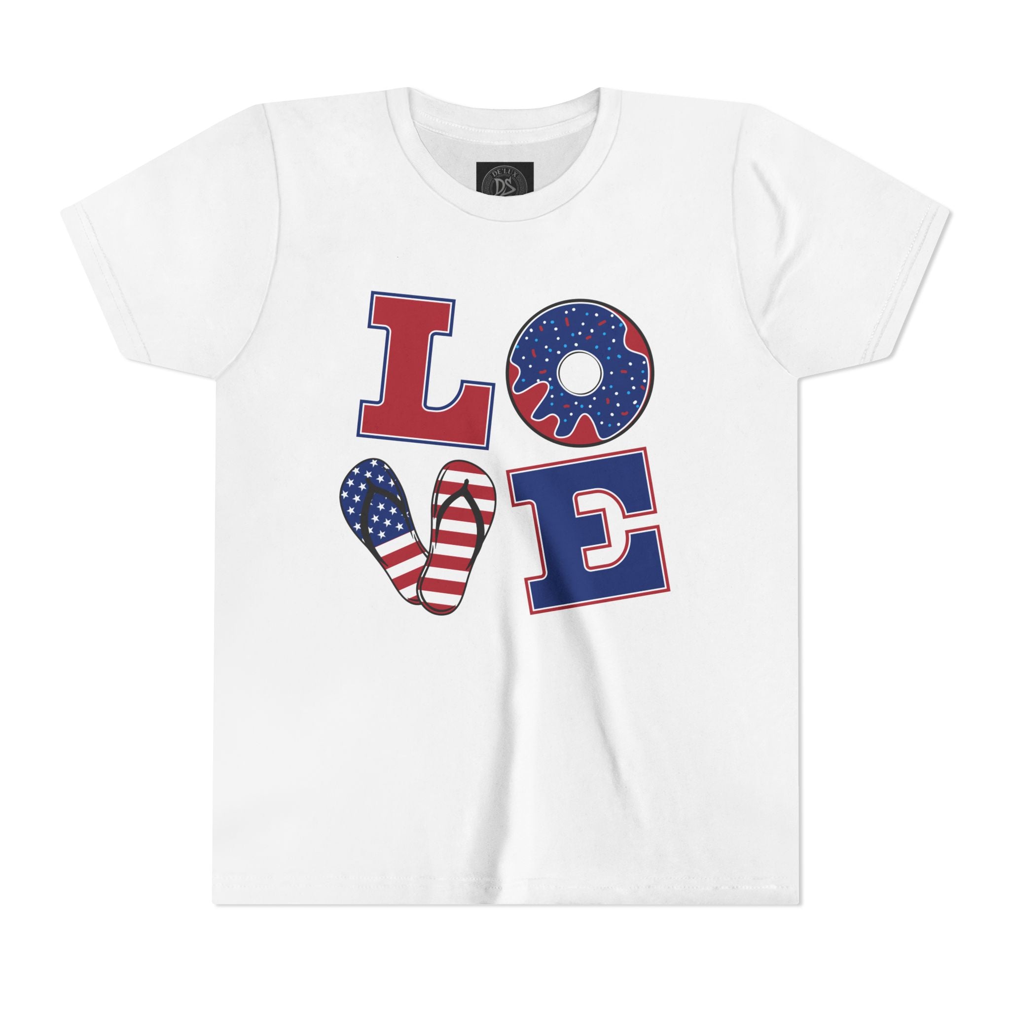 Youth Tee - "LOVE" Patriotic American Flag Design (Fourth of July Kids Shirt)
