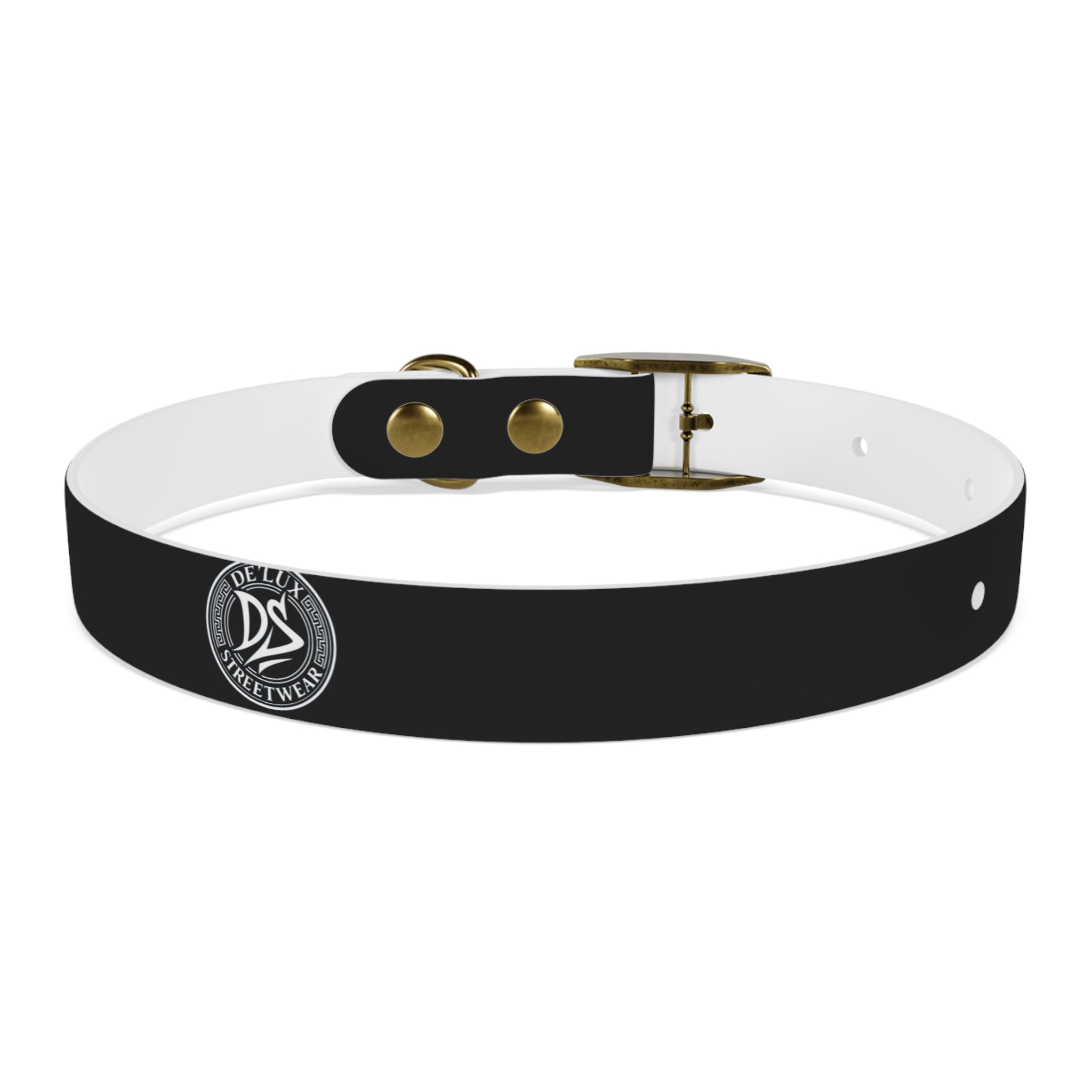 Black Logo Dog Collar — Durable Faux Leather Collar with Round Emblem