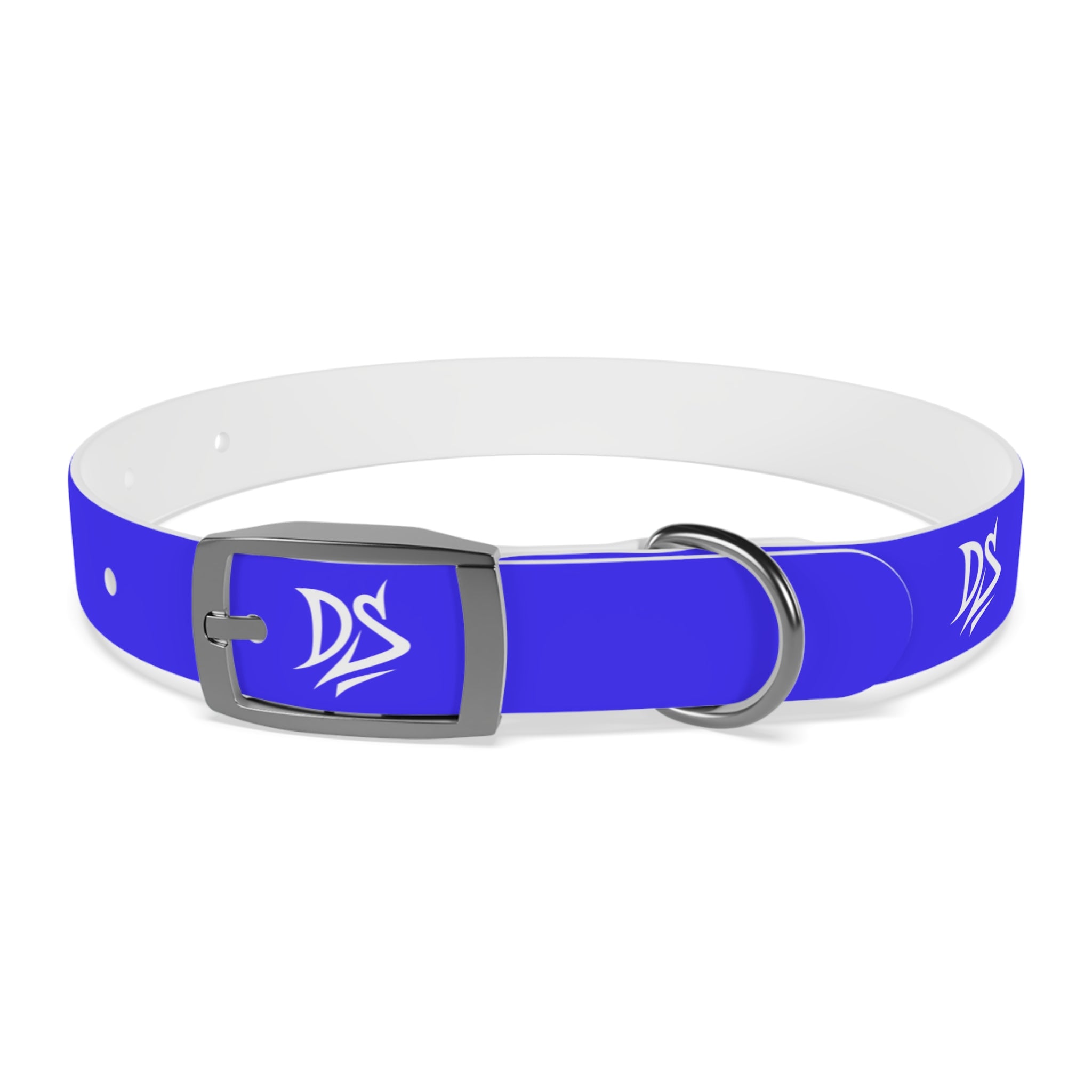 Blue Branded Dog Collar — Adjustable Waterproof Pet Collar with White Logo
