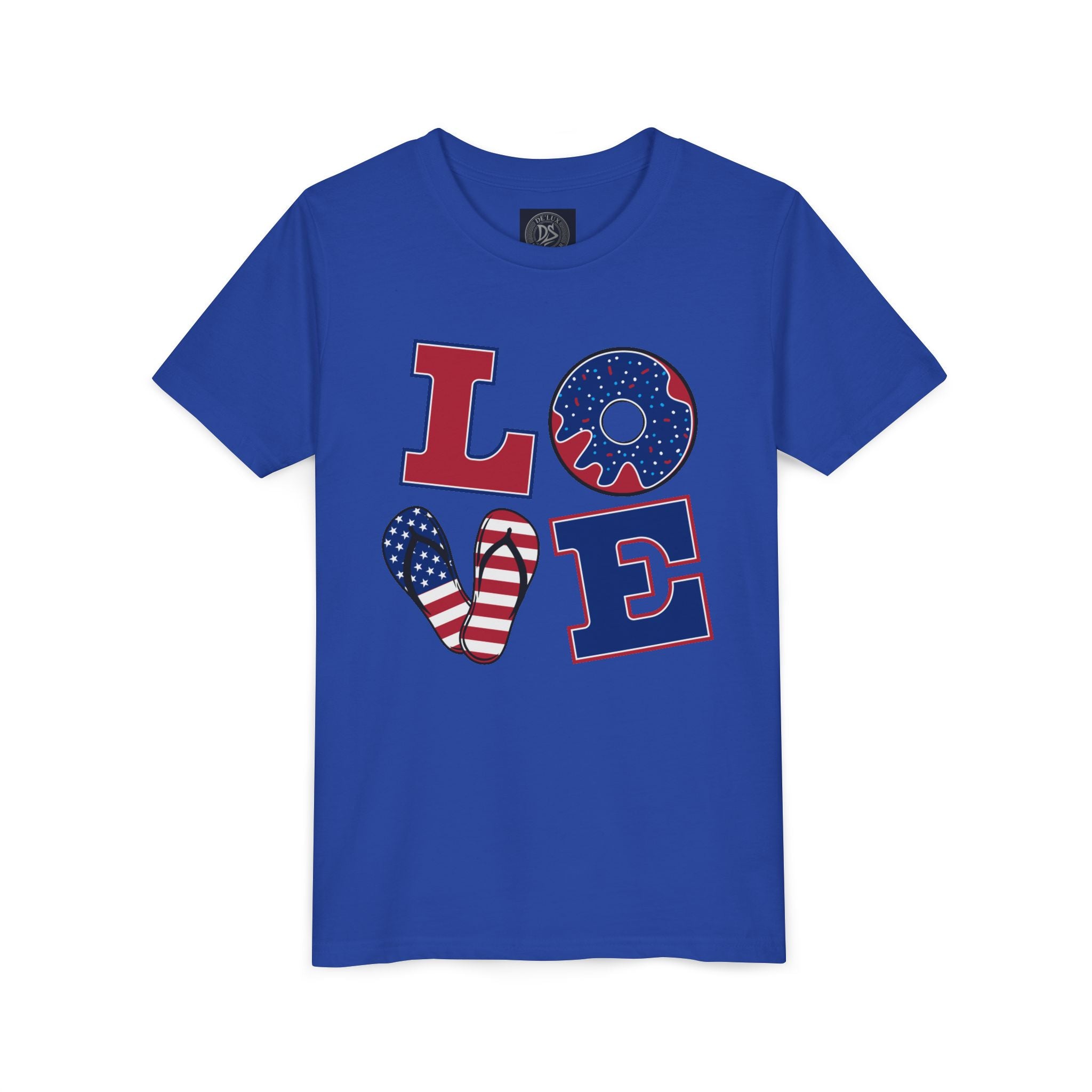 Youth Tee - "LOVE" Patriotic American Flag Design (Fourth of July Kids Shirt)