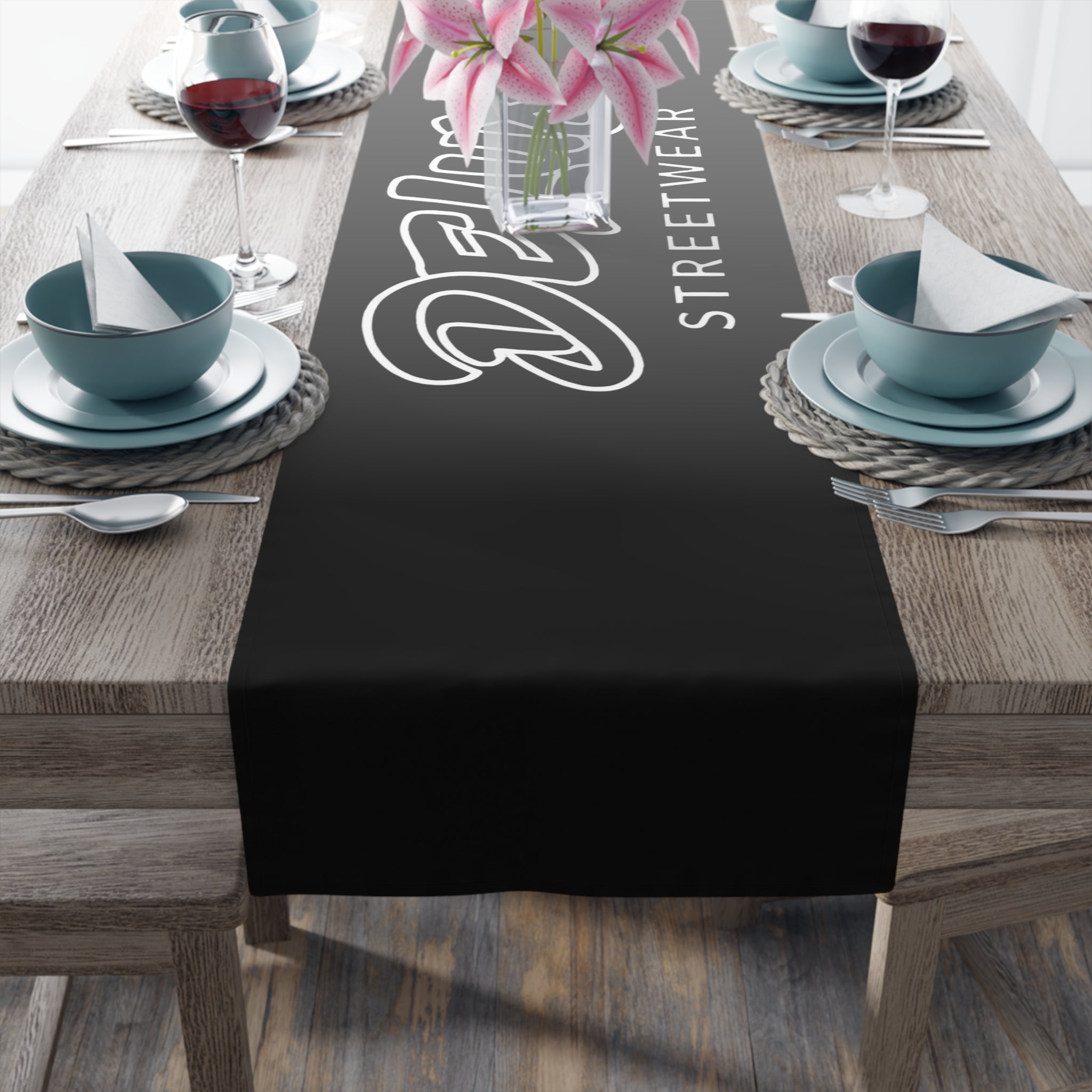 Delux Streetwear Black Logo Table Runner — Modern Minimalist Dining Decor
