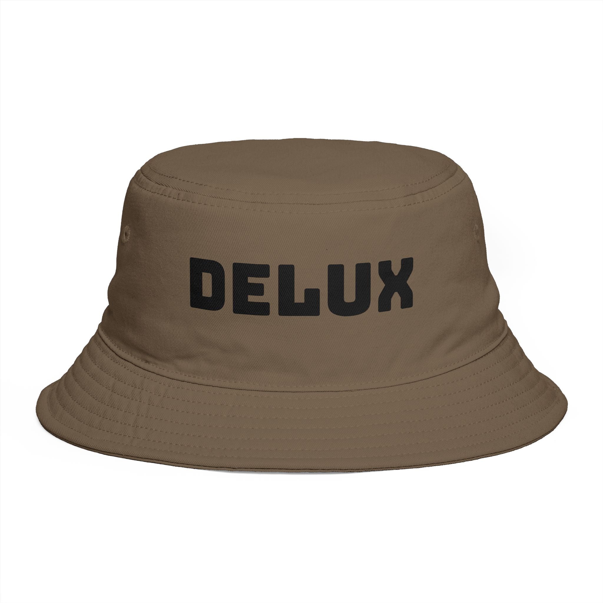 DELUX Brown Bucket Hat — Retro Logo Casual Sun Hat