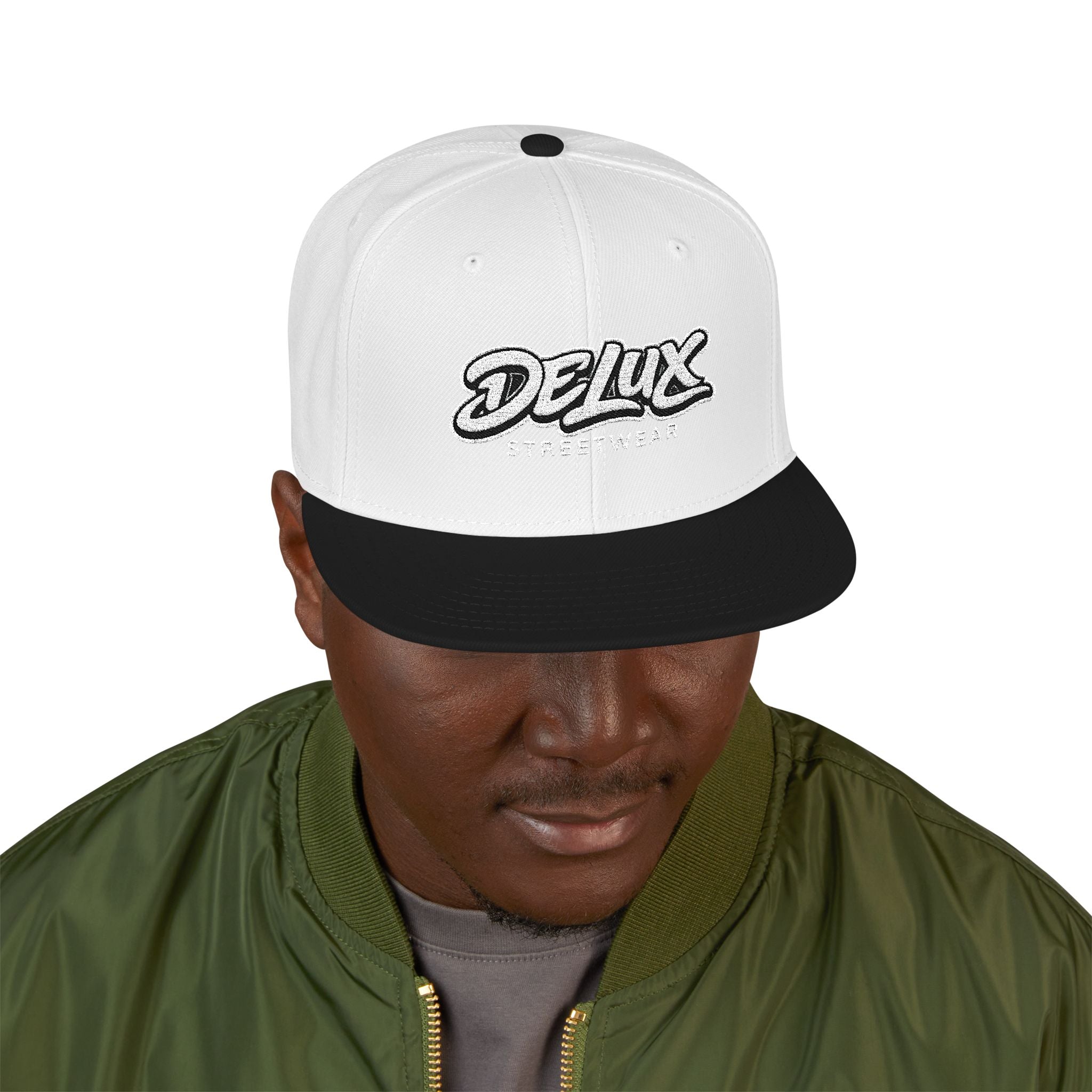Mens Embroidered 'Delux' Snapback Cap – Streetwear Flat-Brim Hat