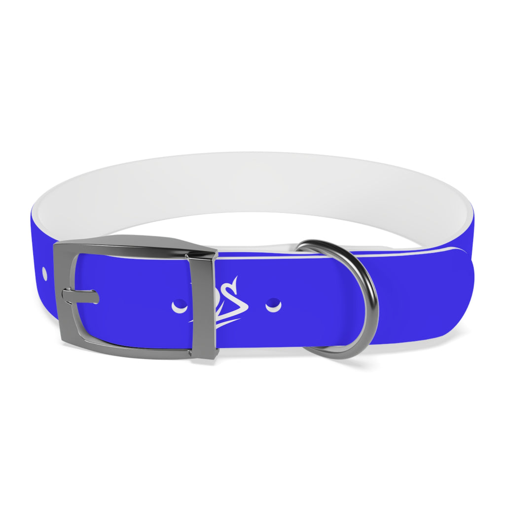 Blue Branded Dog Collar — Adjustable Waterproof Pet Collar with White Logo