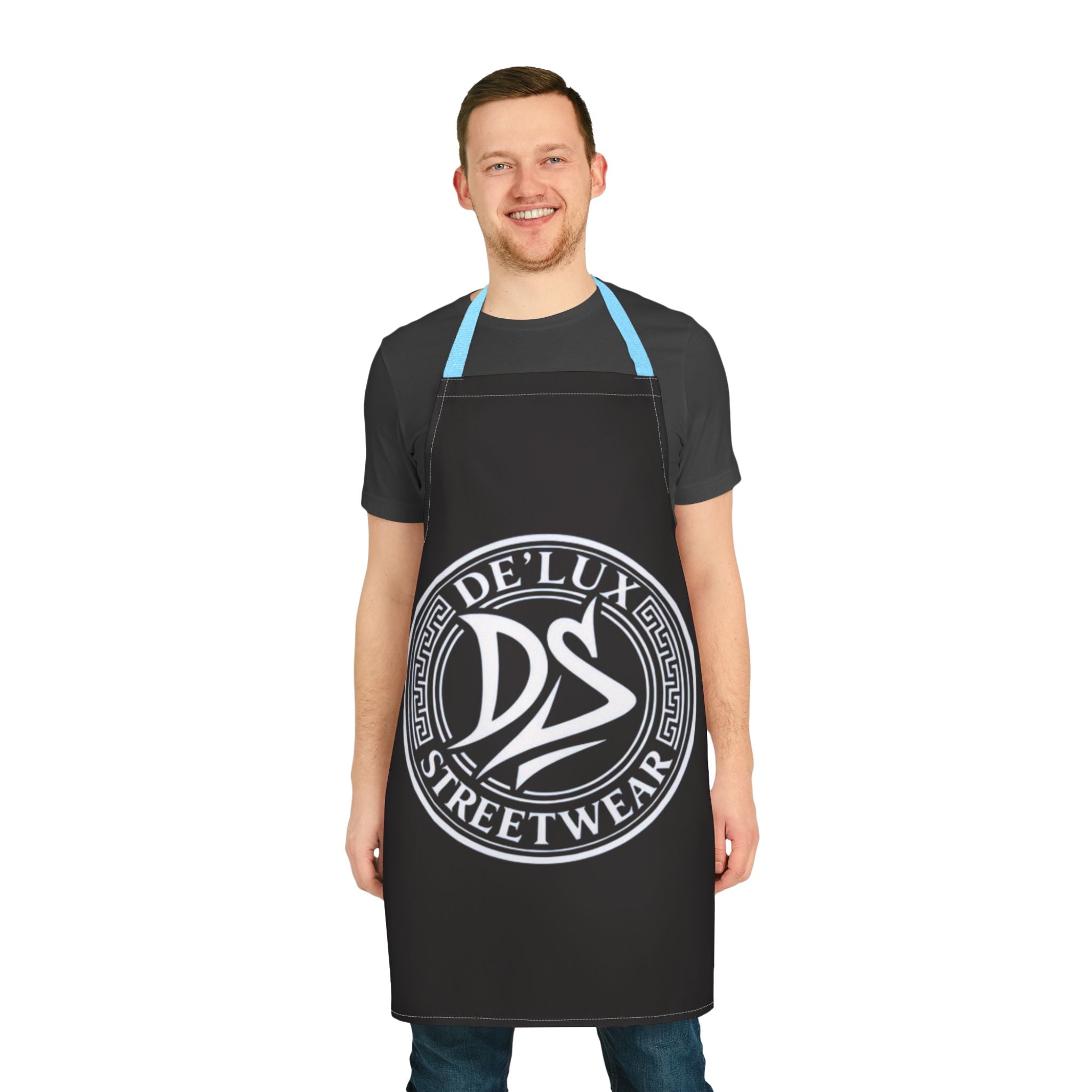 De'Lux Streetwear Logo Apron — Black Chef Apron with Bold Circular Emblem