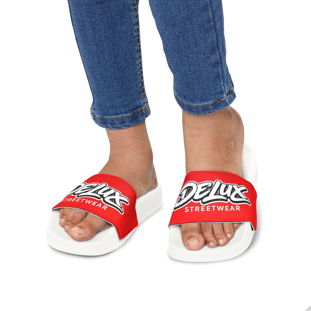 Youth Slide Sandals — Red "Delux Streetwear" Adjustable Strap