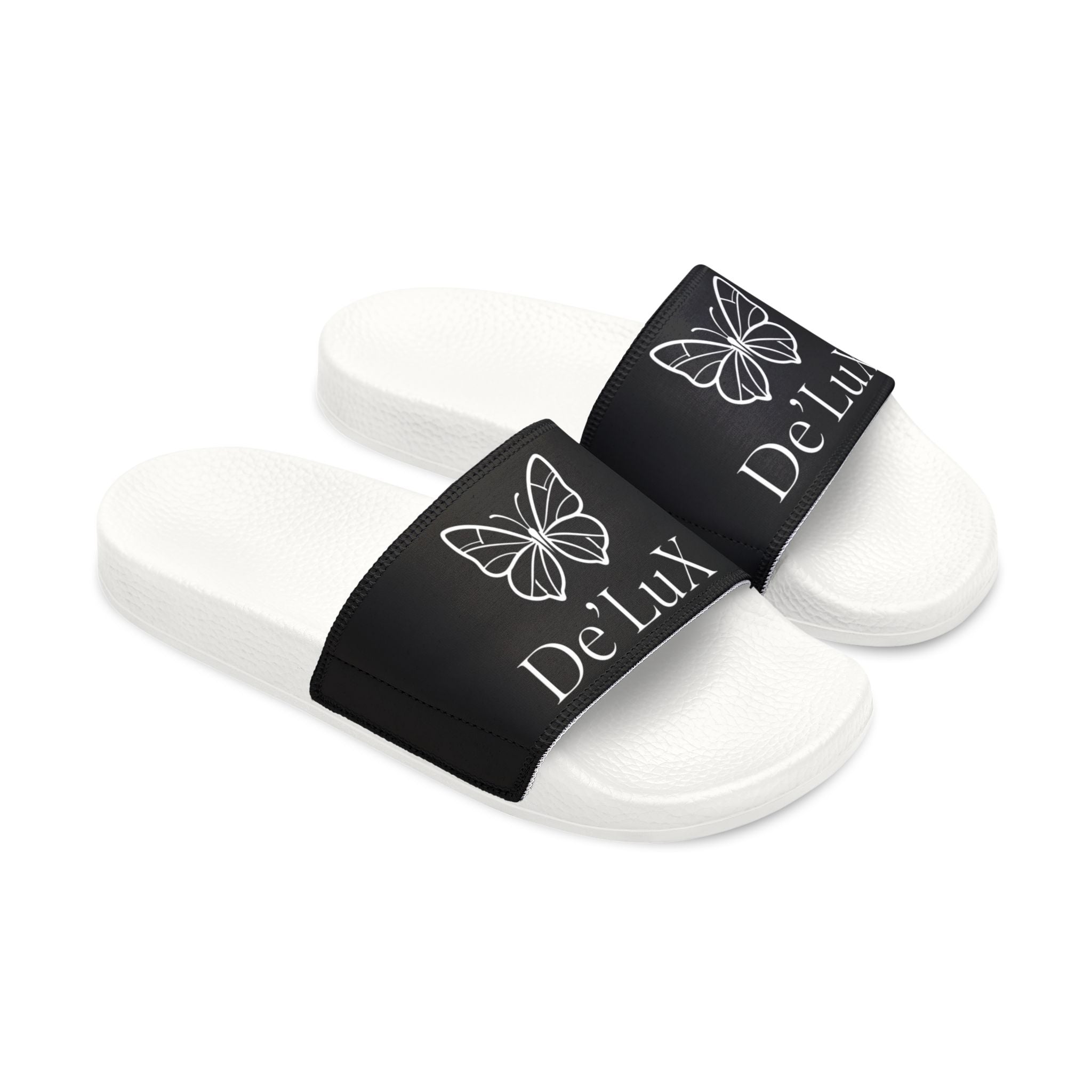 Women's Slide Sandals — Black Removable-Strap Slides with 'DeLux' Text & Bow Graphic
